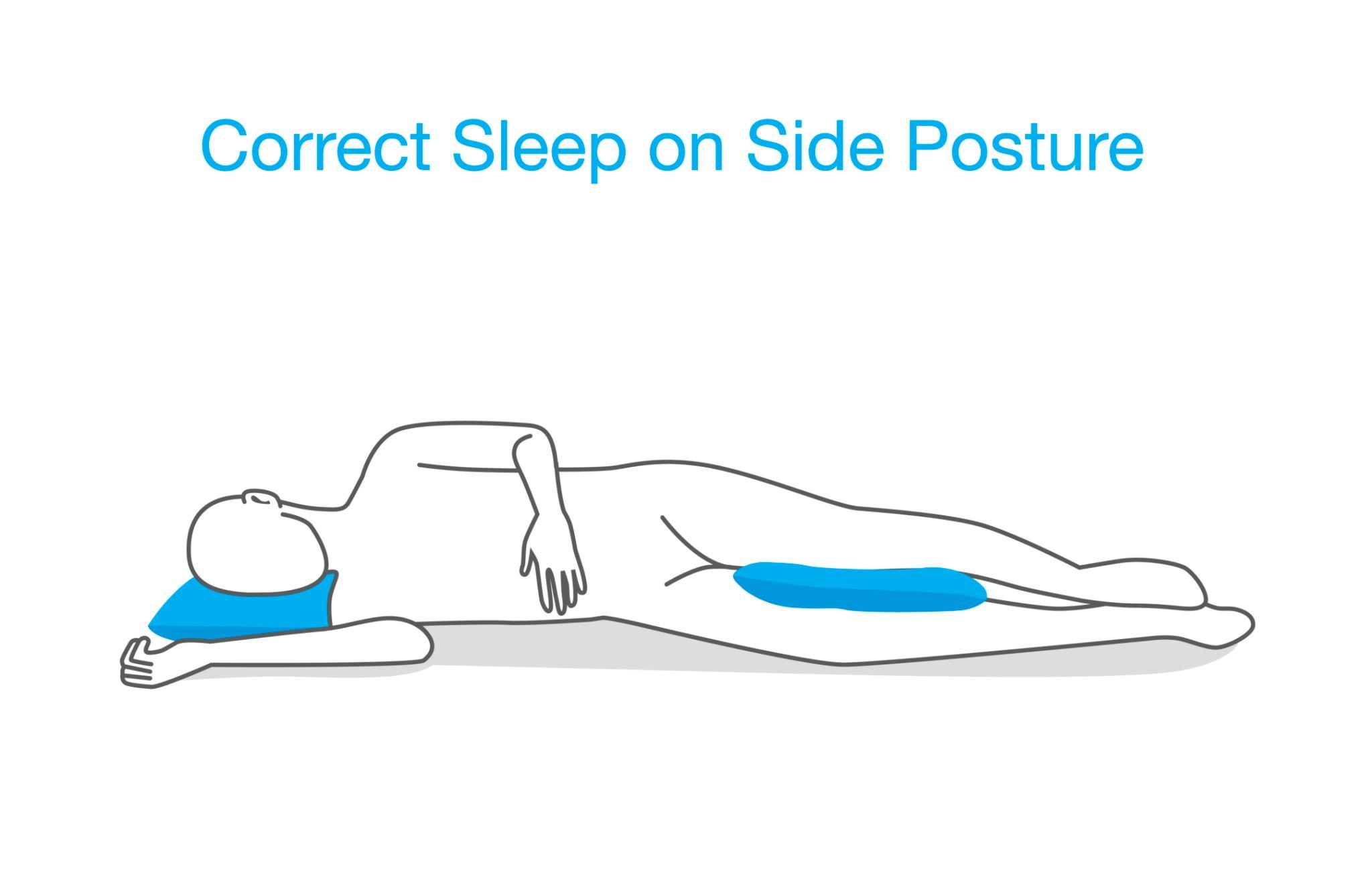 Correct semi-side sleeping position using pillow support to reduce shoulder pressure