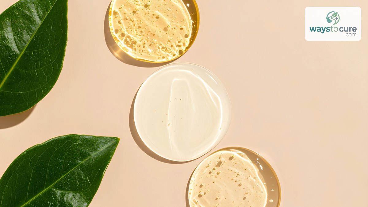 Skincare cream and gel textures with green leaves on a beige surface